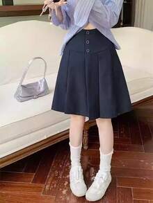 单排扣A字百褶裙，高腰显瘦，优雅风格，适合春秋季穿着。 - 藏青色 - 查看 5