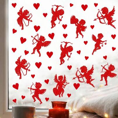 Valentine's Day Red Cupid Silhouette Heart Combo Wall Decals Window Stickers, PVC Self-Adhesive Removable Waterproof Home Decor Stickers For Wall Window Glass Door Bedroom Living Room Valentine's Day Decorations