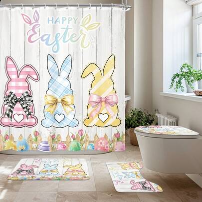 4-Piece Easter Set - Cute Bunny, Colorful Eggs, Floral Country Holiday Art Waterproof Shower Curtain 71 Inches With 12 Hooks, Non-Slip Bathroom Mat, U-Shaped Toilet Cover, Home Decor