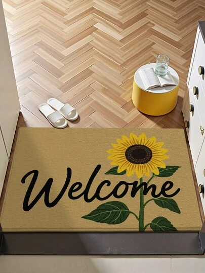 1pc Multi-Color Stone Sunflower "Welcome" Retro Entrance Mat, Suitable For Bathroom, Kitchen, Outdoor, Indoor, Hallway, Bedroom, Living Room, Machine Washable, Easy To Clean, Non-Slip Bottom, Suitable For Bedroom Winter Decor, Valentine's Day Holiday Decor, Bathroom Accessory Essential, Room Decor Set