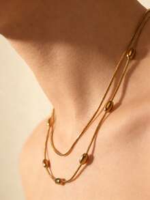 MECYLIFE 1pc Fashion Personalized Double-Layer Necklace, Oval Beads & Gold-Plated Snake Chain Necklace Suitable For Women - Gold - View 6