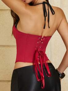 Yuwenier 性感复古酒红色蕾丝拼接吊带露脐短款上衣，金属环系带露背背心，适合生日派对、情人节、音乐节、春夏穿着 - 酒紅色 - 查看 2