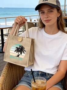 半件装亚麻手提包兼化妆包，日出图案，度假条纹椰树印花，四季皆宜，旅行包，充电器收纳包，休闲多功能手提包，大容量单肩包，女孩旅行必备包，男女通用拉链包，化妆品、化妆和旅行必备轻便接待包 - 彩色 - 查看 2