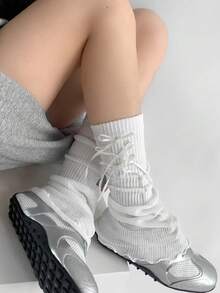 1 Pair Spring/Summer White/Gray/Black Bow Leg Warmers, Y2K Girly Japanese Style Ribbed Leg Warmers, Knitted Flared Leg Warmers, Sweet & Cool JK Style Leg Shaping - Multicolor - View 13