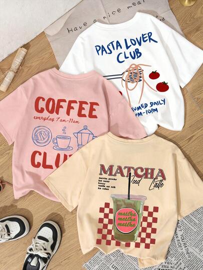 3pcs/Set Summer New Simple Beverage & Coffee Letter Graphic Combo Print Casual Round Neck Short Sleeve T-Shirt, Fashionable & Versatile Women Tops