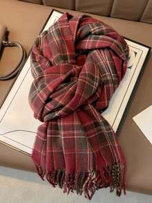 1 Piece Of Line Plaid Women's Scarf Casual Style Street Rectangular Tassel Scarf Shawl Couple Neck Scarf Holiday Gift Suitable For Daily Use - 紅酒黑加侖 - 查看 6