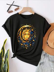 Sun And Moon With Stars And Waves Graphic T-Shirt For Women, Oversized Crewneck Tees Casual Wear, Spring Cotton Tops Short Sleeve, Summer Basic Tees, Funny Clothes For Women - 黑色 - 查看 2