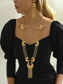 4 pièces/set Ensemble de bijoux élégant avec boucles d'oreilles à plusieurs couches avec gland en forme de lune et collier, pour femmes, mariée, fête, mariage - Or jaune - Voir 3