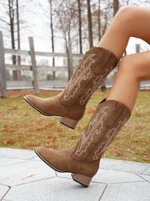 2026 New Women's Casual Fashion Square Toe Embroidered Chunky Heel Western Boots - Khaki - View 1