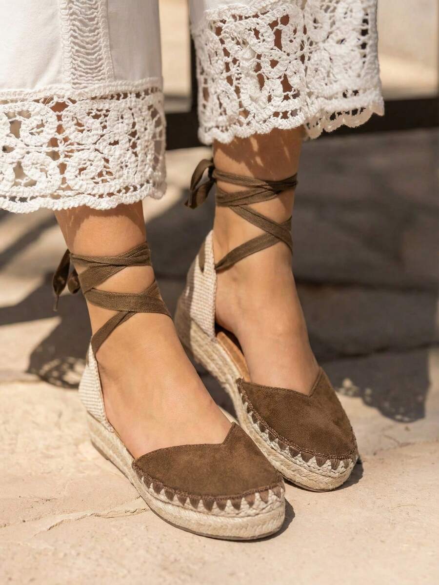 VIKIVIKI SHOES Women's Flat Espadrilles With Ankle Laces, Elegant Y2K Style Summer Sandal, Non-Slip Jute Sole, Breathable And Comfortable Design, Ideal For Holidays, Beach, Daily Walks And Casual Chic Summer Outfits - 棕色 - 查看 1