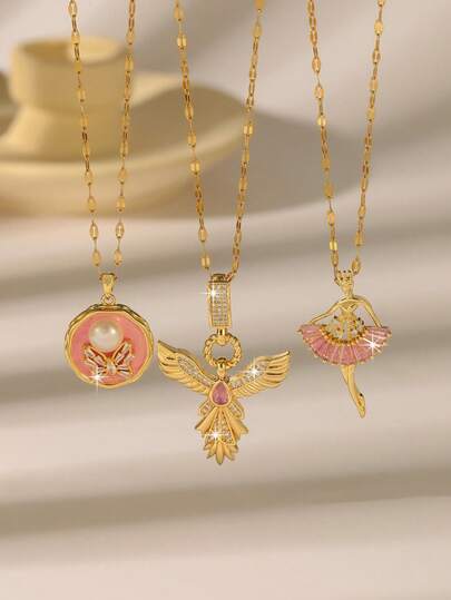 1pc Sweet & Cool Girl's Necklace, Ballet Dancer/Phoenix/Pink Butterfly Pendant Necklace, Gilded Clavicle Chain, Unique Design Versatile Choker Necklace, Suitable For Daily, Work, Date, Luxury Gift For Girlfriend