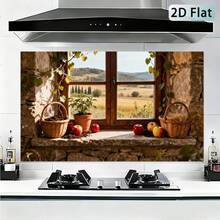 1pc 2D Flat Self-Adhesive Kitchen Wall Sticker | Rustic Stone Wall & Wooden Window & Country Apple Basket Style, Removable Kitchen And Living Room Splashback Wallpaper, Glossy Vinyl, 55 X 100 Cm - Style 1 - View 5