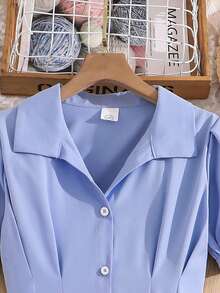 Left Mama Girls' Elegant Bow Collar Short Sleeve Shirt Dress, Summer - Blue - View 3