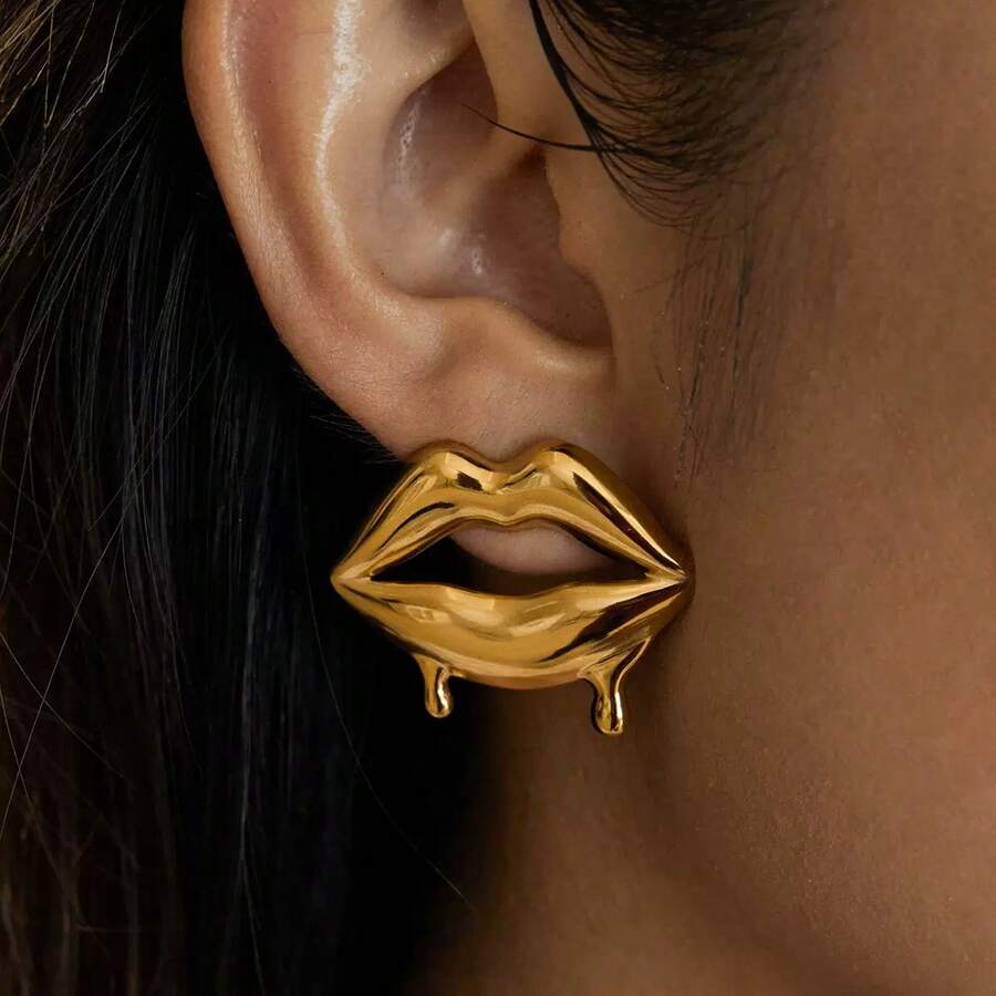 1 Pair Exaggerated Melting Lips Design Earrings, Versatile For Dates, Daily Wear, Parties - Yellow Gold - View 1