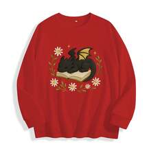 Women'S Black Fantasy Dragon On Book Graphic Sweatshirt - Cozy Pullover With Floral & Starry Night Design, Soft Round Neck Long Sleeve Casual Sweater For Book Lovers & Dragon Enthusiasts, Spring/Fall Literary Inspired Apparel, Fall Sweatshirt For Women, Fall Clothe For Women, Women' Sweatshirt, Sweater For Women, Women Fall Clothe - 紅色 - 查看 7