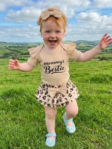 Conjunto de verano para niña pequeña, mono bonito de manga corta con estampado de letras, falda pantalón con estampado de leopardo y diadema, conjunto de 3 piezas, ropa bonita para uso diario, ideal para 0 a 18 meses. - Albaricoque - Ver 2