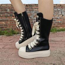 All-Season Fashion Women Black Mid-Calf Boots Thick Sole With Side Zipper Retro Lace-Up Motorcycle Boots Woman Long Booties - 黑色 - 查看 2