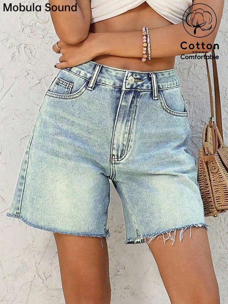 Quần short denim ống đứng thời trang thường ngày đa năng Mobula Sound mùa hè dành cho nữ - Màu xanh cổ điển - Xem 1