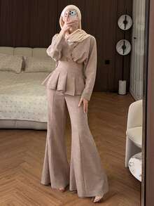 Livesso V-Neck Ruffle Hem Crop Top And Casual Pants 2 Pieces Set For Women - Coffee Brown - View 1