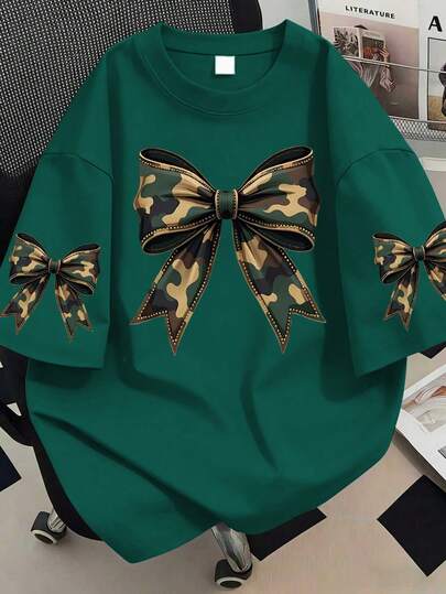 大码女式圆领蝴蝶结印花休闲百搭日常短袖T恤