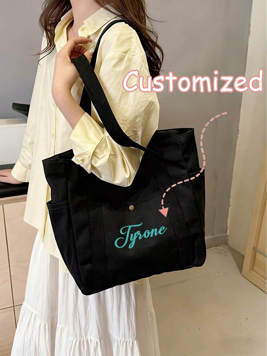 1 chiếc túi tote vải canvas có thể tùy chỉnh tên, túi đeo vai đa năng dành cho học sinh, túi đựng laptop dung tích lớn, túi đeo chéo thời trang, túi xách du lịch thông thường, túi đeo vai màu trơn tối giản dung tích lớn. - Nhiều màu - Xem 1