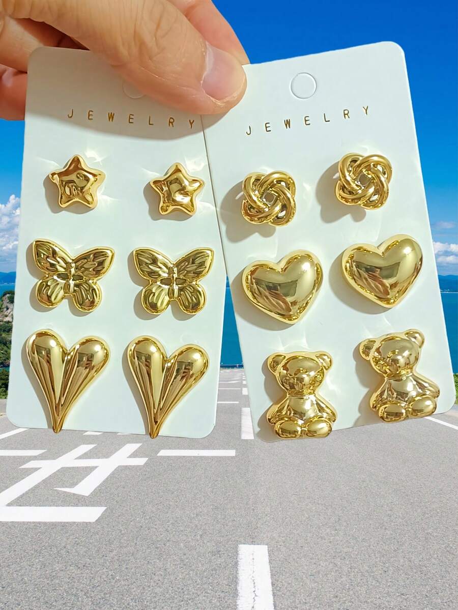 6-12件金色时尚耳环套装，时尚优雅，适合日常佩戴、派对佩戴，是馈赠佳品。 - 彩色 - 查看 1