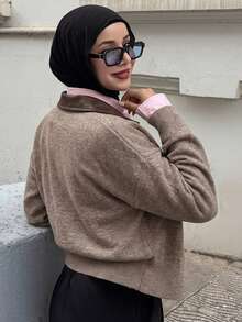 Livesso 女式休闲PU拼布拉链开衫，秋季 - 卡其色 - 查看 5