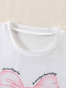 两件套少女休闲校园风多巴胺套装，可爱蝴蝶结字母印花圆领短袖白色T恤搭配蝴蝶结印花黑色迷你裙，春夏款 - 彩色 - 查看 4