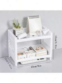 1pc White Plastic Dual-Layer Desktop Storage Box, Suitable For Back To School - A - View 2