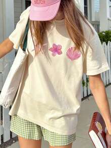 Áo thun nữ mùa hè mới, kiểu dáng đơn giản, in hình vỏ sò và sao biển, cổ tròn, tay ngắn, màu mơ, thích hợp mặc hàng ngày trong kỳ nghỉ. Áo thun trắng in họa tiết dành cho nữ. - Màu be - Xem 7