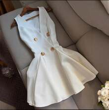 Summer New Women's V-Neck Sleeveless Button Solid Color Pure Short Dress - trắng - Xem 2