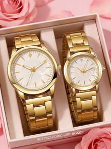 2件套时尚商务休闲情侣手表，多功能圆形表盘钢带石英表，情侣礼品套装，适合返校、派对、婚礼、节日、户外活动、万圣节、圣诞节和日常佩戴，情侣最佳礼物 - 金色 - 查看 10