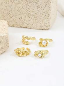 Bộ 4 chiếc nhẫn xếp chồng kiểu Pháp cổ điển, bất đối xứng, đính ngọc trai giả, dành cho nữ. - Vàng - Xem 3