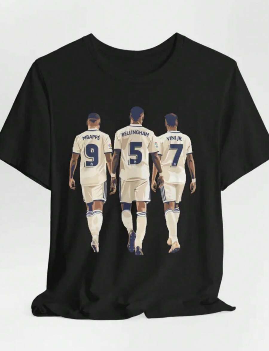 Madrid Soccer Graphic Tee_ Mbappé, Bellingham, Vinicius Trio T-Shirt, Madrid Fans Adult And Youth Shirt Apparel - 黑色 - 查看 1