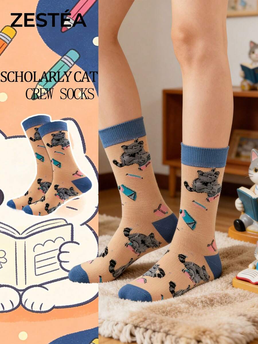 1 双女士可爱猫咪图案中筒袜(饰有俏皮小猫和彩色图案)| 米色底色,撞色设计(蓝色滚边)| 柔软吸汗,防臭 | 秋冬季保暖日常袜 | 送给爱猫人士/母亲/女儿/女友的趣味礼物,适合生日/万圣节/圣诞节/主题活动 - 彩色 - 查看 1