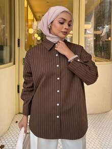 Livesso Women's Loose Striped Casual/School Shirt,Fall Women Clothes Long Sleeve Top - Coffee Brown - View 3