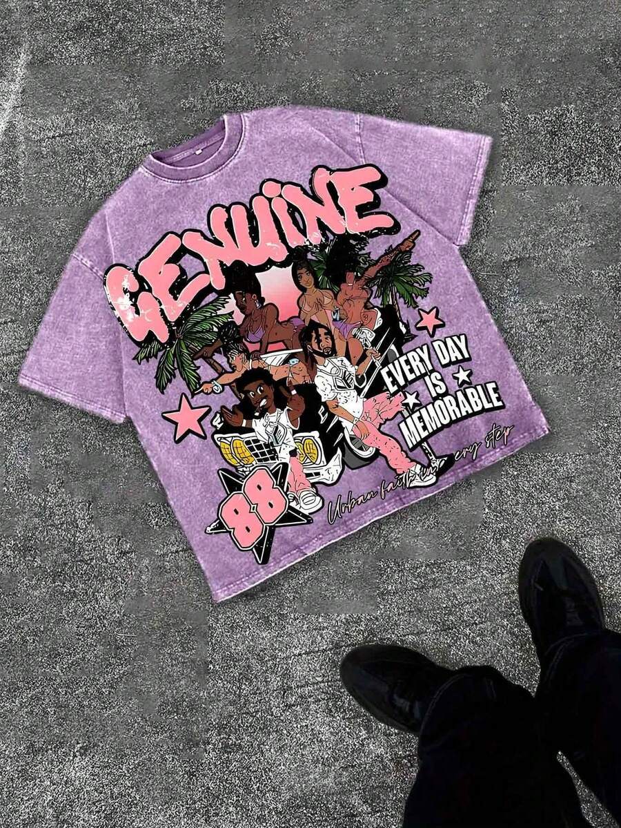 Retro Vintage Printed Washed 230g Cotton T-Shirt, Made Of 100 Percent Cotton High-Quality Fabric, Suitable For Both Men And Women, Suitable For Young Street Hipsters, Summer Short Sleeved T-Shirt, Y2K Street Style,Unisex - Màu tím Violet - Xem 1