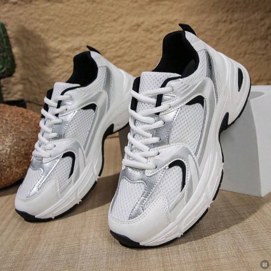 American Retro Contrast Color Running Shoes, Mesh Breathable, Thick Bottom Cushioning, Campus, Street, Daily Wear Template, Running Shoes To Grasp The Relaxation Feeling, 5cm High Casual Shoes - 黑色 - 查看 1