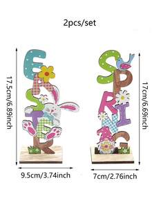 2件套复活节快乐木质桌面摆件 | “SPRING”和“EASTER”主题字母，配有兔耳朵、迷你矮人、白兔、复活节彩蛋、胡萝卜和花朵图案，复活节礼物 - 彩色 - 查看 3