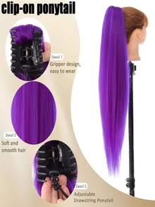 32英寸紫色夹式马尾接发，柔软自然的合成假发，适合女性佩戴 - 彩色 - 查看 3