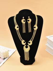 4 pièces/set Ensemble de bijoux élégant avec boucles d'oreilles à plusieurs couches avec gland en forme de lune et collier, pour femmes, mariée, fête, mariage - Or jaune - Voir 4