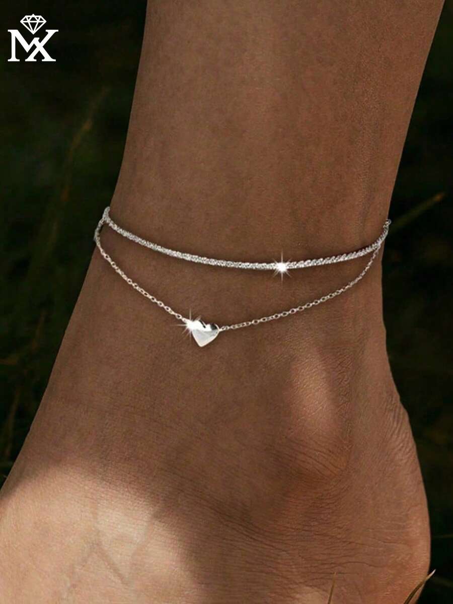 SYMFNY 1pc 925 Sterling Silver Delicate Double-Layer Heart Anklet, Fashionable Adjustable Chain Jewelry, Women's Holiday Gift, Romantic Anniversary Present - Silver - View 1