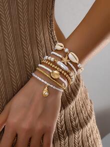 7 peças/Conjunto Pulseira com Contas de Estrela do Mar e Concha, Estilo de Férias, Série Oceano, para Mulheres - Ouro amarelo - Visão 1