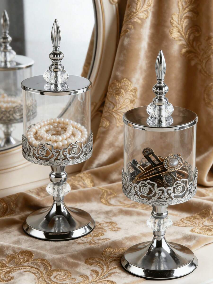 Glass Storage Canisters Set Of 2, Vintage Rose Embossed Airtight Jars For Coffee, Tea, Sugar, Candy, Cookies, Pantry Organization, Makeup, Jewelry, Bathroom Vanity, Kitchen Counter, Housewarming Gift - Silver - View 1