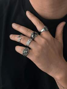 5pcs/Set Gothic Style Skull Gemstone Rings, Unique Hiphop Personalized Rings Jewelry Set For Men, Charm Jewelry Gift - Skull Wings Ring - View 1