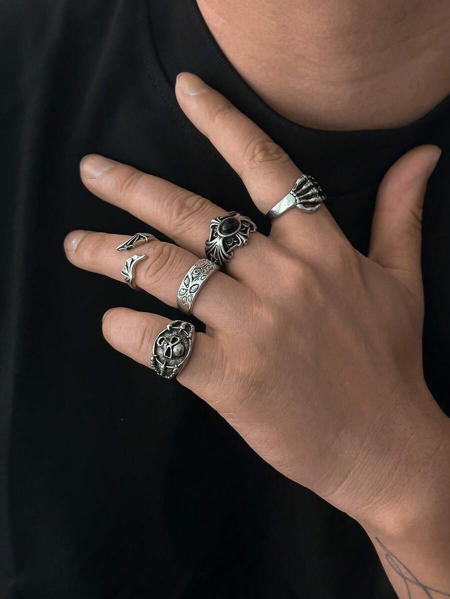 5pcs/Set Gothic Style Skull Gemstone Rings, Unique Hiphop Personalized Rings Jewelry Set For Men, Charm Jewelry Gift - Skull Wings Ring - View 1