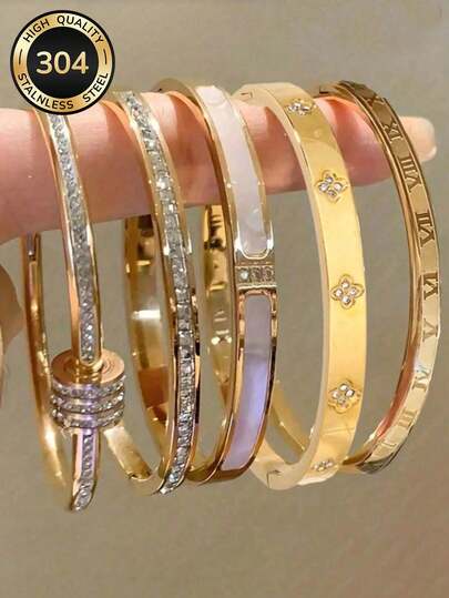 5pcs/Set Personalized Multi-Color Stainless Steel Bracelet Set, Unique Design, Fashionable, Multi-Element Design, Exquisite Ideal Gift, Non-Fading Jewelry, Stylish