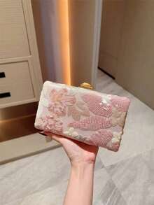 Moonlit Eve Bag - A Vintage Chain Shoulder & Cross-Body Purse Featuring A Multicolor Floral Pattern (Pattern Random). This Mini Box Clutch Is Perfect For Party Girls, Brides, College Students, And Young Professionals. Ideal For Parties, Galas, Weddings, And As Dance Party Accessories, Especially In Romantic Pink For Wedding Occasions. - 粉色 - 查看 1