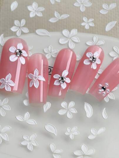 1 Set de Pegatinas para uñas 5D con relieve de flores, Pegatinas para manicura francesa 5D con relieve de hadas, Decoraciones de uñas de plástico autoadhesivas, Acabado mate, Tema botánico, De un solo uso, Formas asimétricas - Suministros para uñas sin fragancia