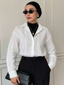 Livesso Lightweight Jacquard Long Sleeve Casual Blouse For Women, Spring - White - View 6